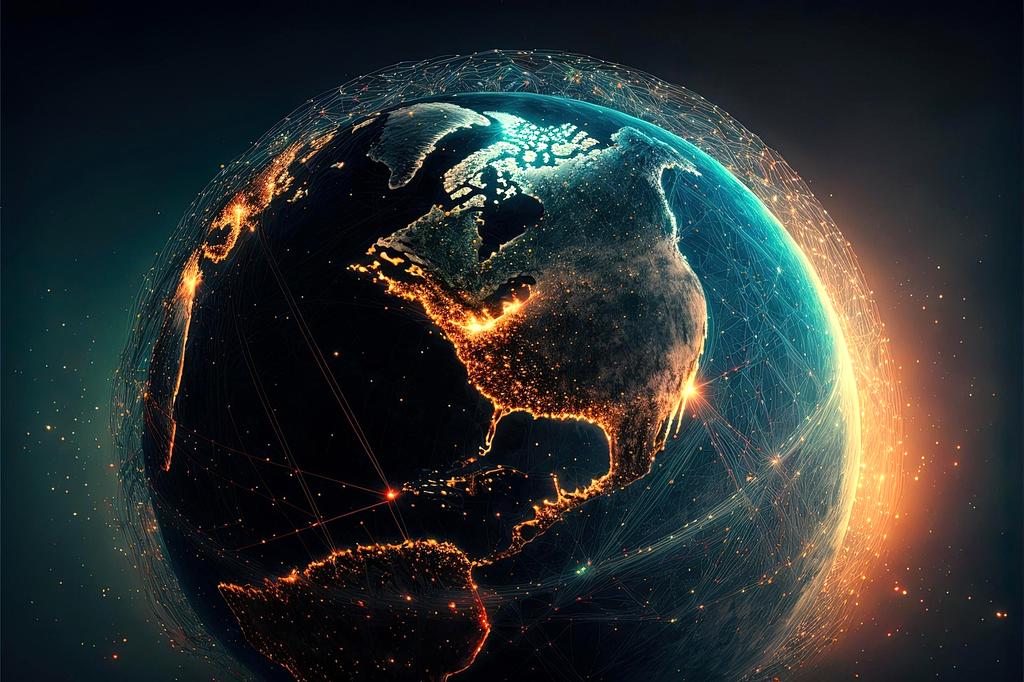 Mesh network device glowing with interconnected signals